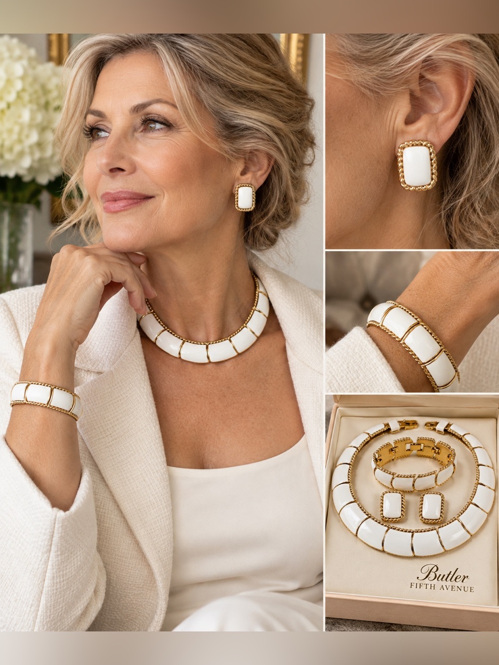Vintage Butler Fifth Avenue White Enamel 3 Pc Parure Choker Bracelet Earrings
